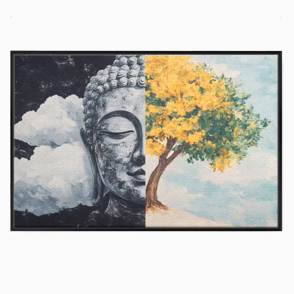 Tablou canvas cu tablou canvas cu buddha si copac, in rama de aluminiu negru